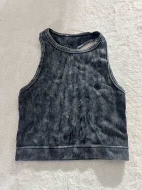 Stretchy Ribbed Charcoal Longline Lounge / Sports Bra / Crop Top Gym High Neck